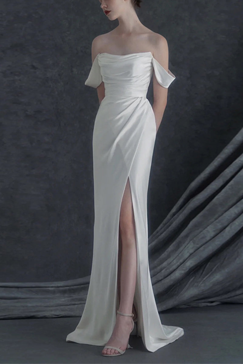 Sheath-Column Sweep-Brush Train Satin Wedding Dress 683314691959