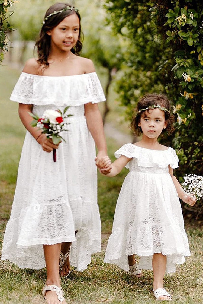 A-Line Off The Shoulder Neck Cold Shoulder Sleeves Lace High-Low Flower Girl Dresses 725677421000