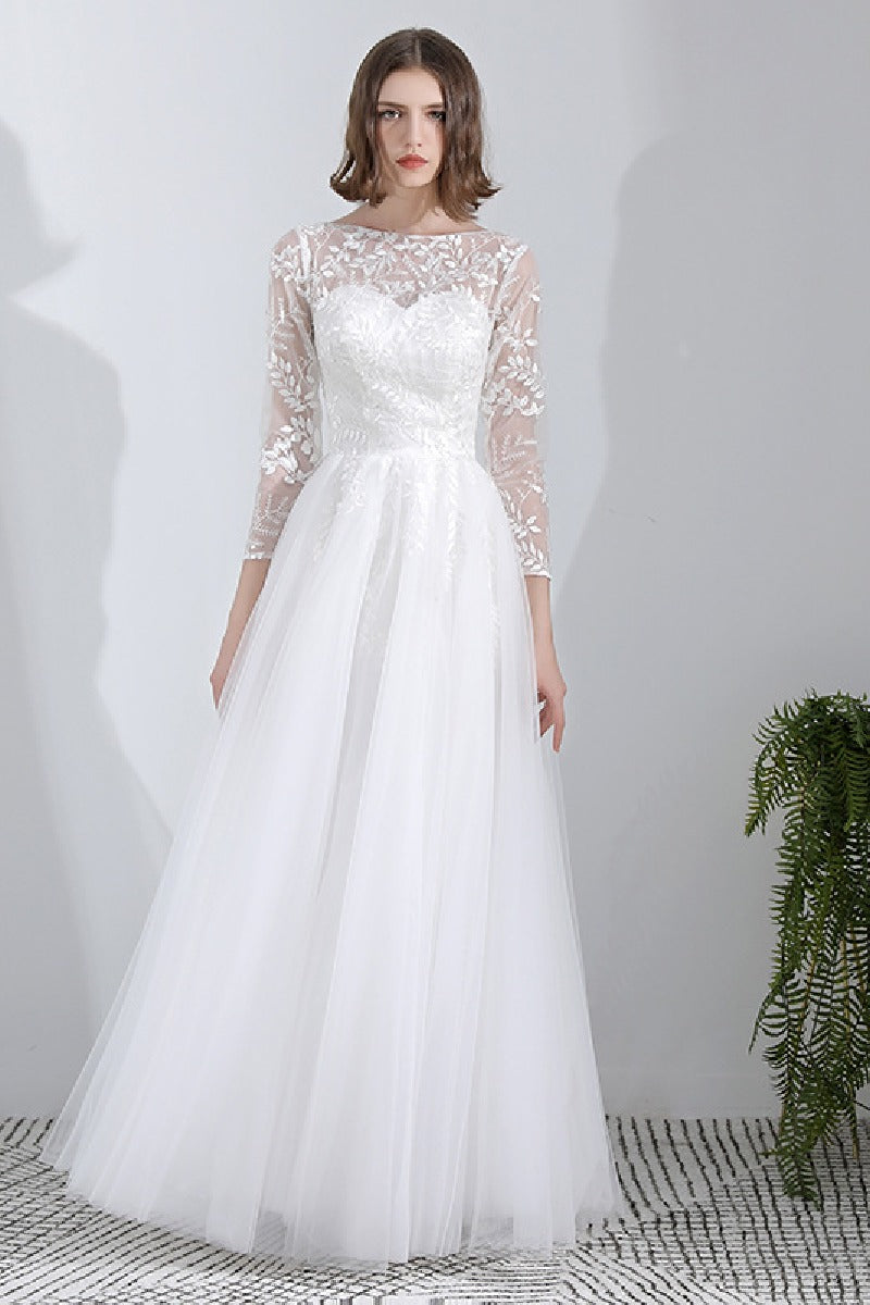 A-Line Floor Length Lace Tulle Wedding Dress 629871670095