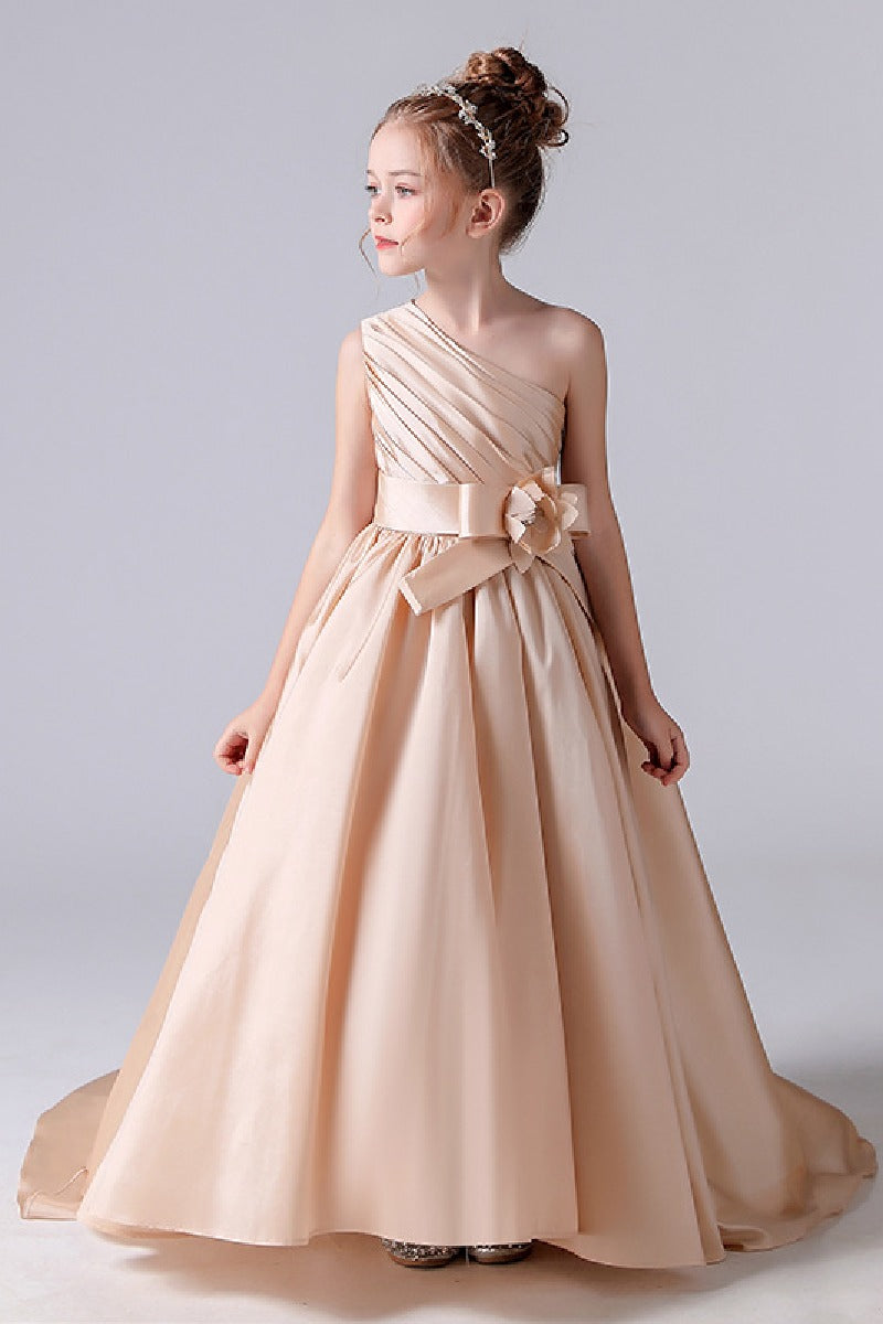 A-Line One Shoulder Neck Sleeveless Sweep-Brush Train Satin Flower Girl Dresses 676333790144