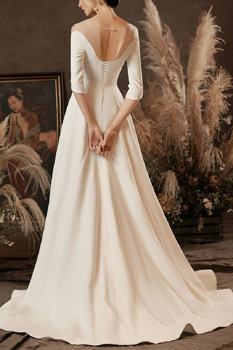 A-Line Sweep-Brush Train Satin Wedding Dress 654904974053