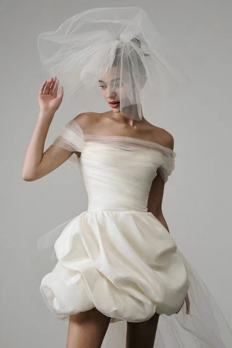 Ball Gown Short-Mini Satin Tulle Wedding Dress 771775523326