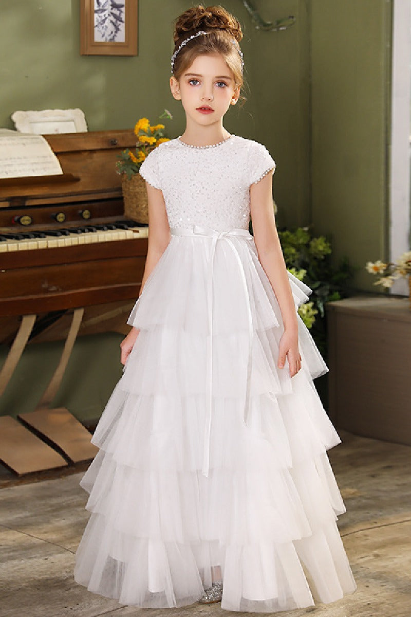 Ball-Gown Jewel  Tulle/Sequined Maxi Flower Girl Dresses With Ruffle 820077667678