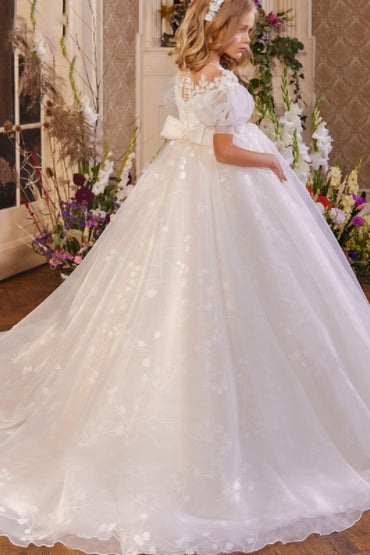 A-Line Illusion Neck Puff Sleeves Tulle Flower Girl Dresses With Bow(s) 808548412340