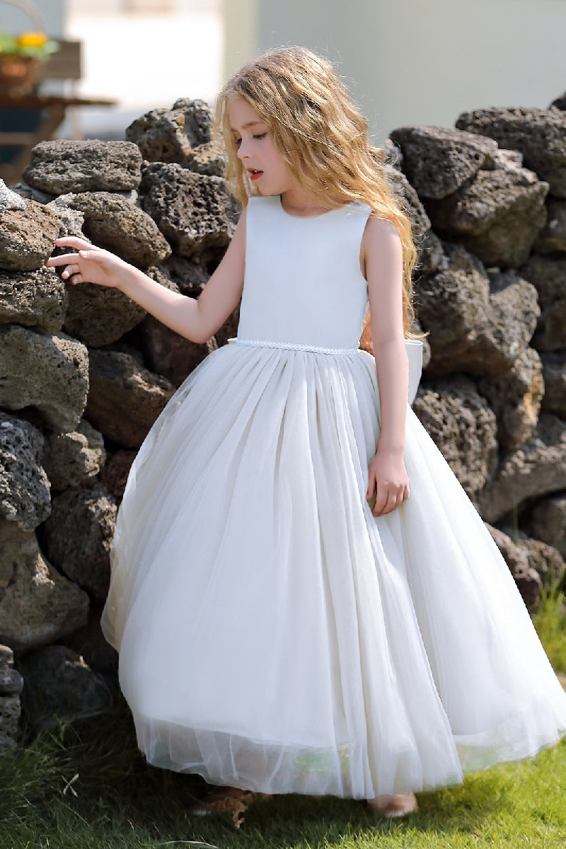 A-Line Scoop Neck Sleeveless Floor-Length Satin/Tulle Flower Girl Dresses With Bow(s)  744500696201