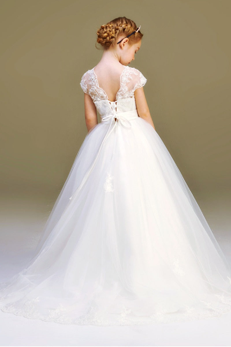 Ball-Gown Illusion Neck Princess Tulle Flower Girl Dresses With Appliques Lace 626723738802