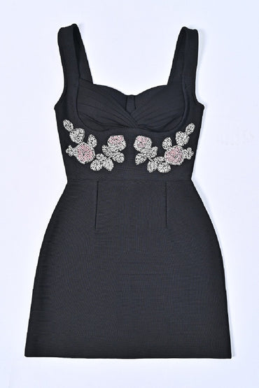 Black bandage evening dress with floral luxe hip wrap dress 830041044748