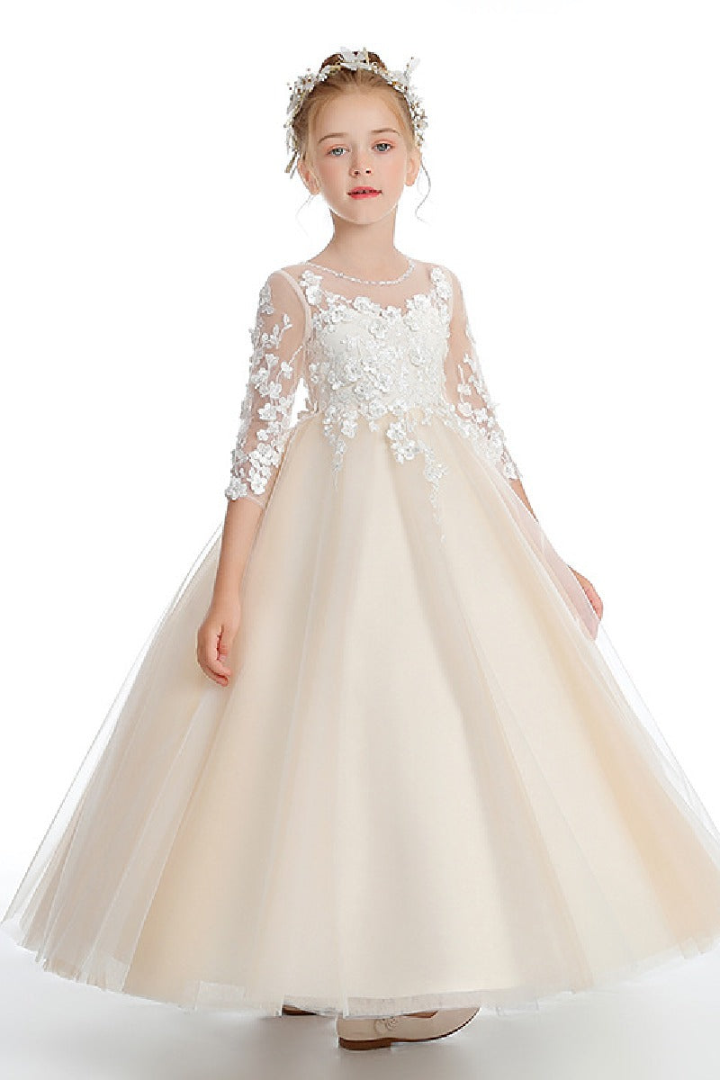 A-Line Lace Tulle Ankle-Length Flower Girl Dresses With Bow 760444365083