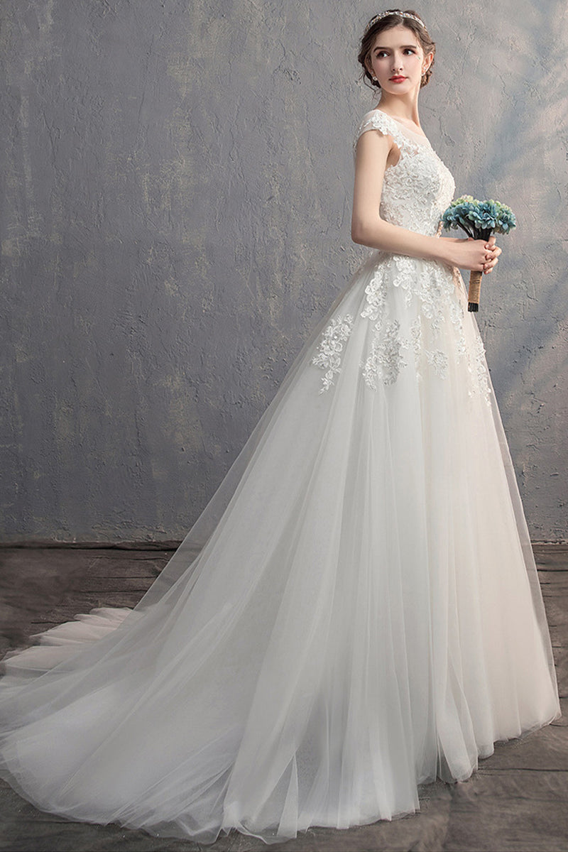 A-Line Sweep-Brush Train Lace Tulle Wedding Dress 774150163562