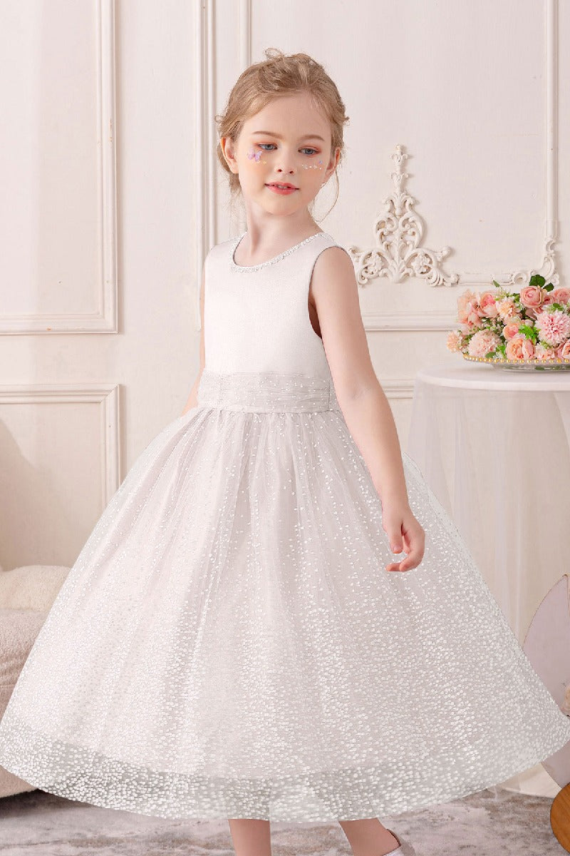 A-Line Scoop Neck Sleeveless Midi Tulle/Sequined Flower Girl Dresses 828722259586