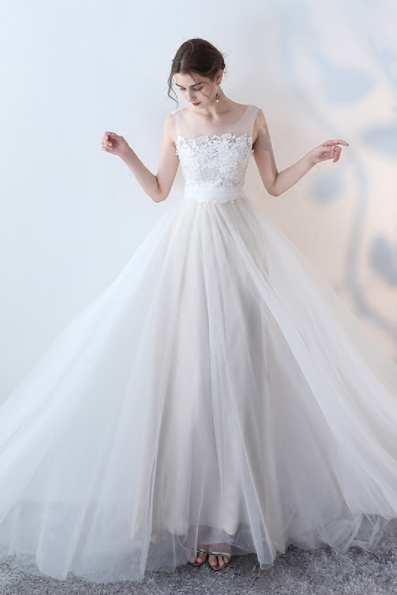 A-Line Sweep-Brush Train Lace Tulle Wedding Dress 623545078224