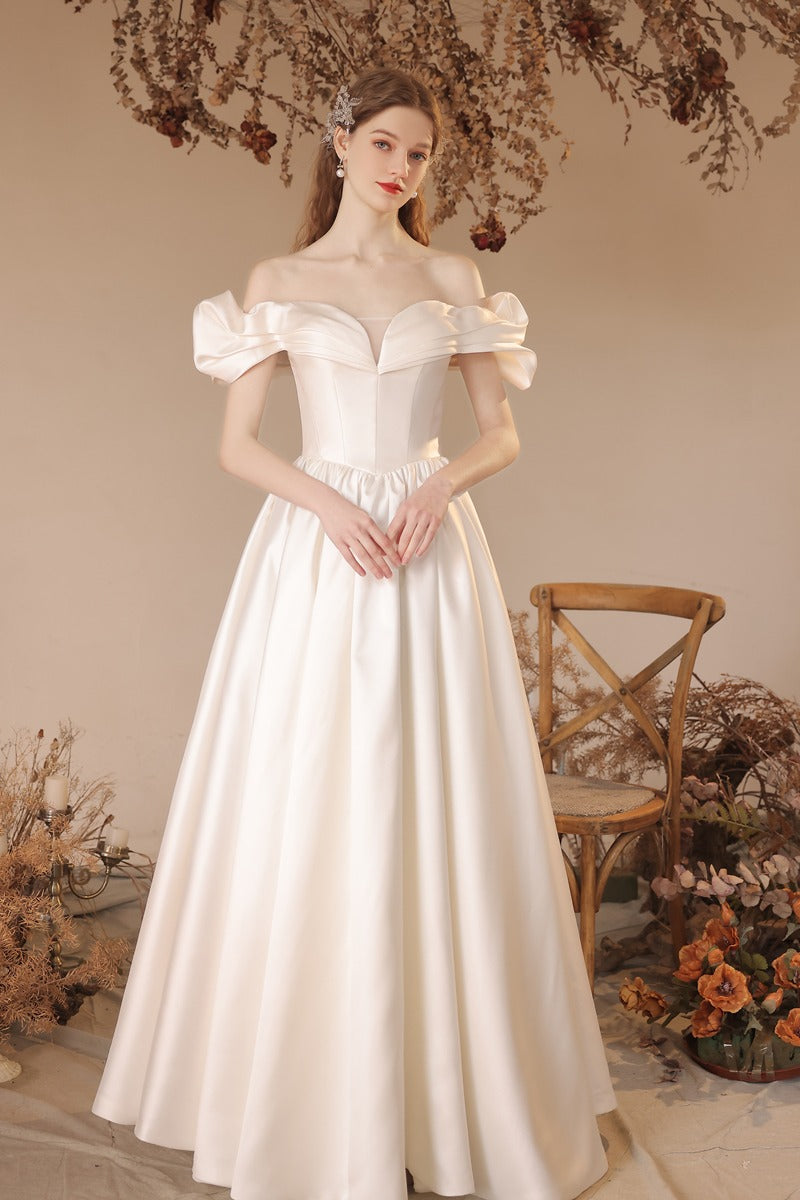 A-Line Floor Length Satin Wedding Dress 708336222057