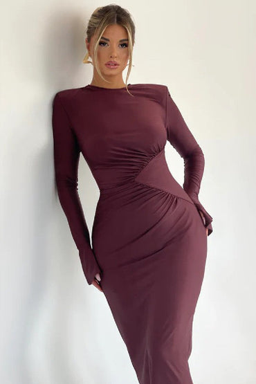 Round neck trumpet sleeve pleated slim-fit Fanny pack hip dress 823101815490