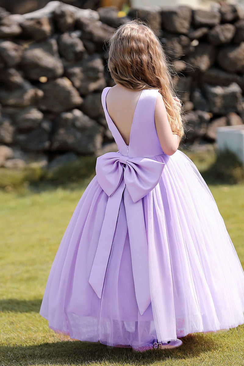 A-Line Scoop Neck Sleeveless Floor-Length Satin/Tulle Flower Girl Dresses With Bow(s)  744500696201