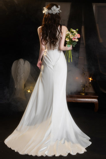 Sheath-Column Chapel Train  Lace Satin Wedding Dress 737835089170