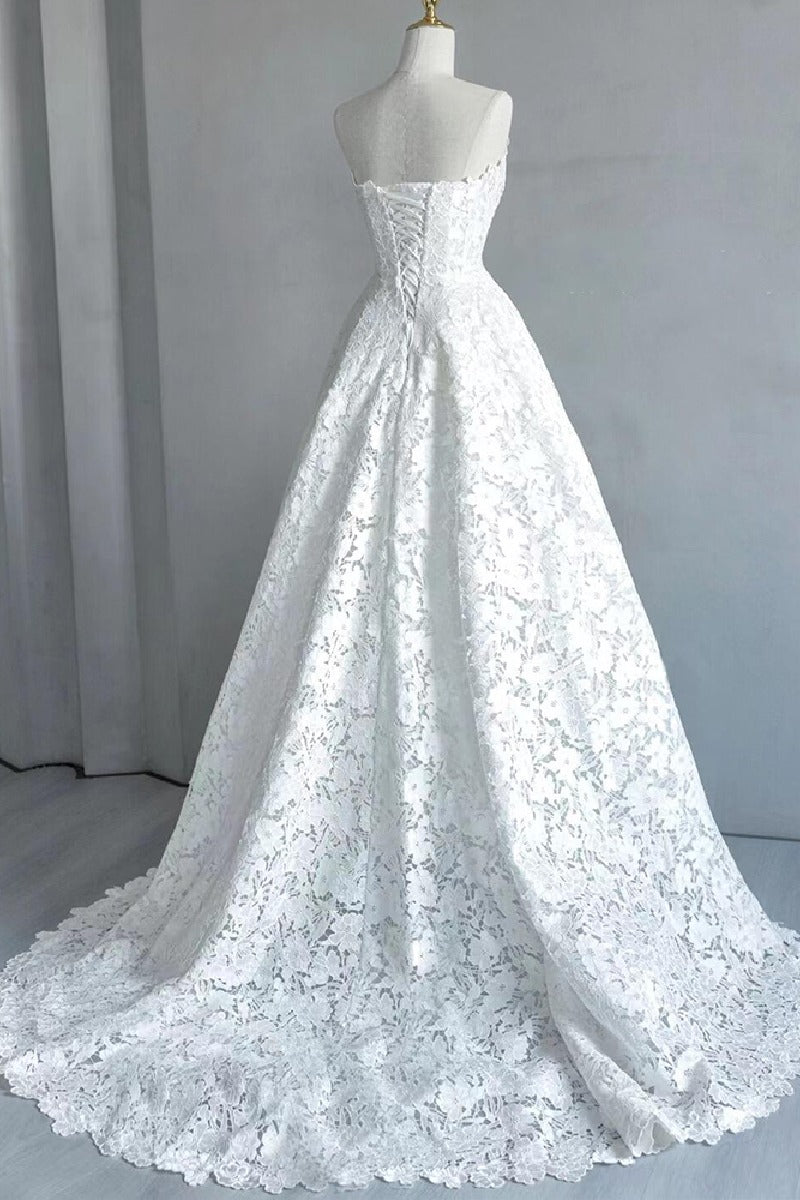 A-Line Sweep-Brush Train Lace Wedding Dress 828423890551