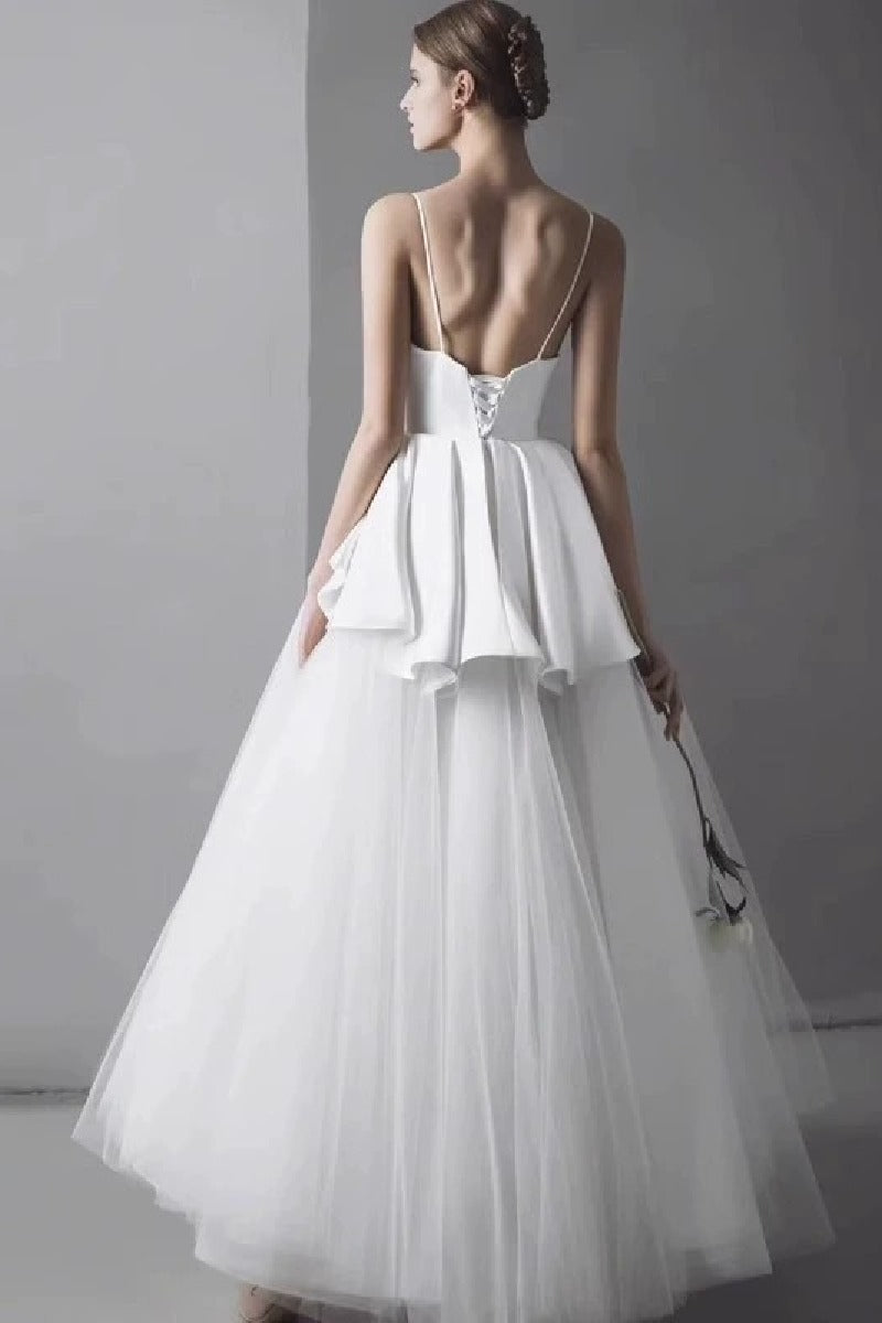 A-Line High-Low Satin Tulle Wedding Dress 864948248312