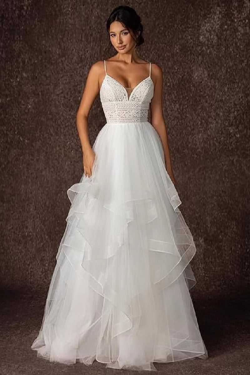 A-Line Sweep-Brush Train Lace Tulle Wedding Dress 864326962533