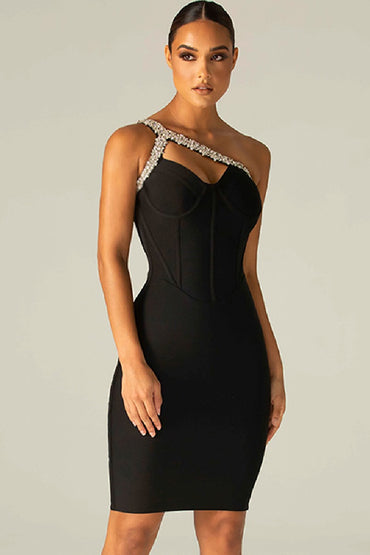 One-shoulder dress with diamond-encrusted bandage cocktail dress  736500408759