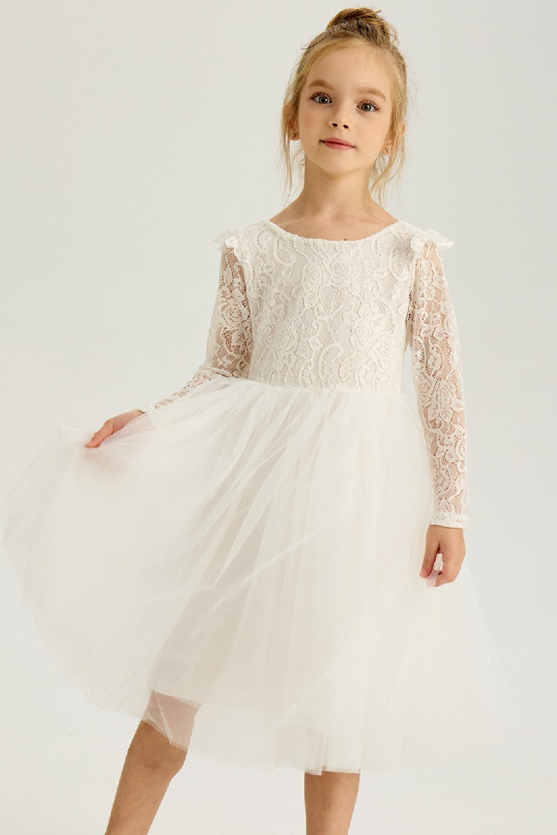 A-Line Scoop Neck Long Sleeve Lace Midi Flower Girl Dresses  850587397012