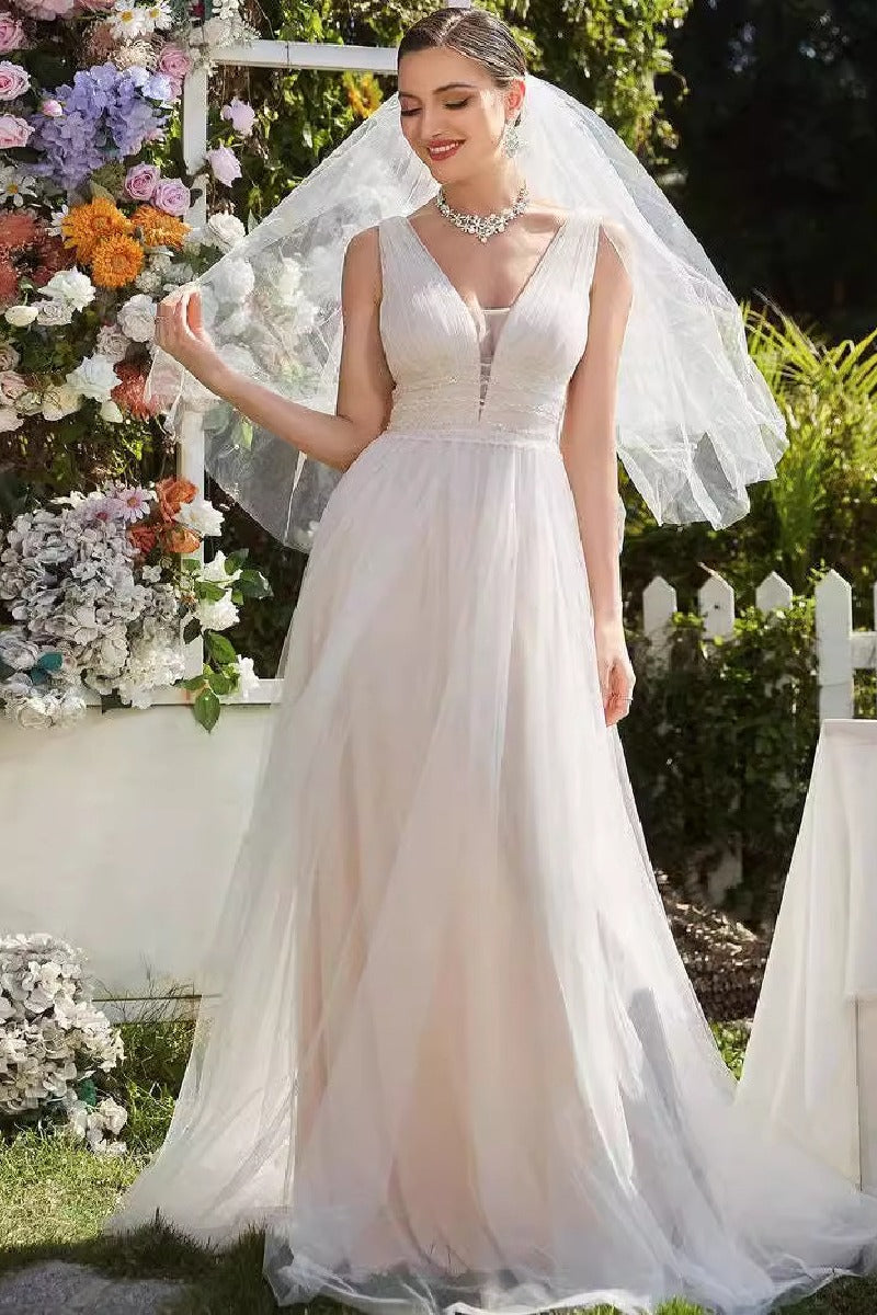 A-Line  Sweep-Brush Train Tulle Wedding Dress 837230348553