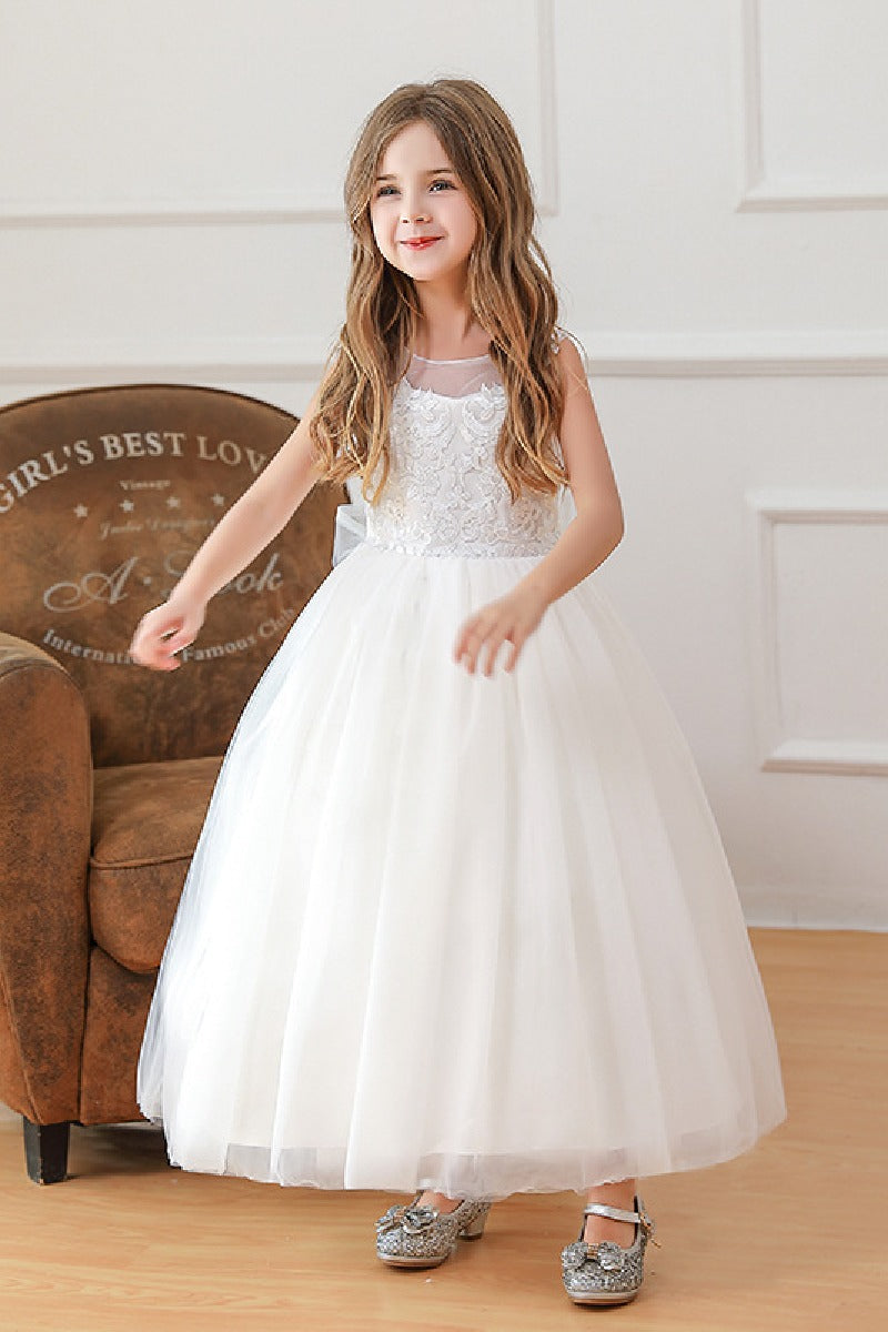 A-line/Princess Illusion Neck Tea Length Lace Tulle Flower Girl Dress 785081622909