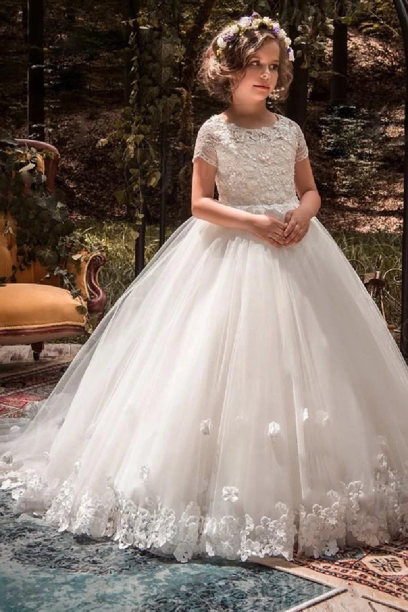 A-Line Scoop Neck Short Sleeve Tulle Court Train  Flower Girl Dresses  819345177220