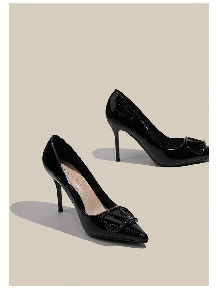 Temperament all-match V-button pointy stiletto heels patent leather dress shoes 726578630201