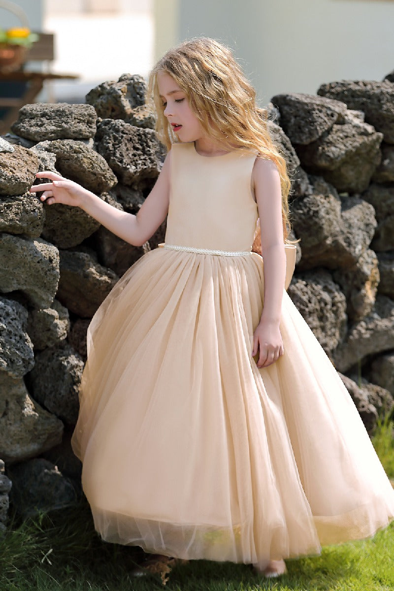 A-Line Scoop Neck Sleeveless Floor-Length Satin/Tulle Flower Girl Dresses With Bow(s)  744500696201