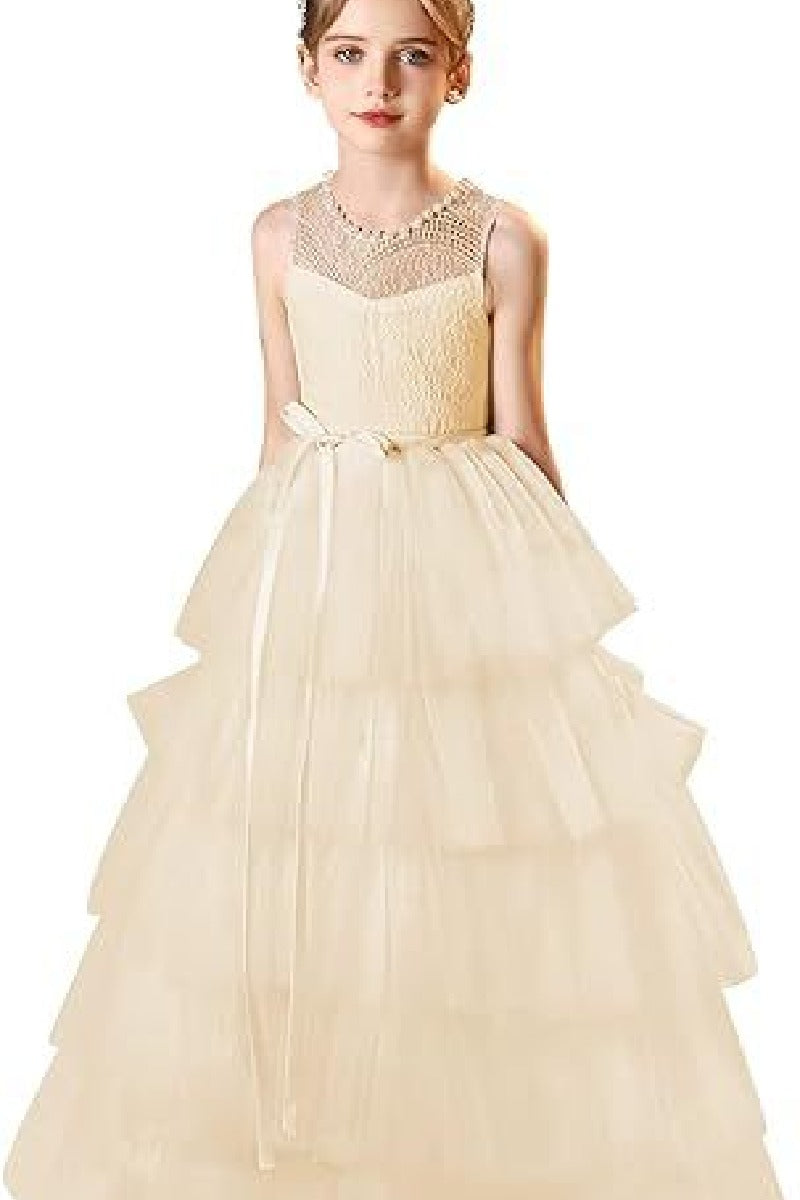 A-Line Scoop Neck Lace/Tulle Flower Girl Dresses With Cascading Ruffles 809160851086