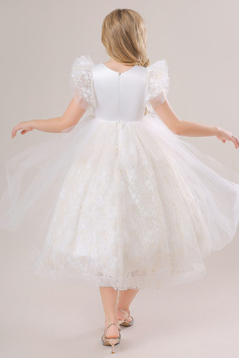 A-Line Illusion Neck Short Sleeves Midi Lace Flower Girl Dresses 749518906079