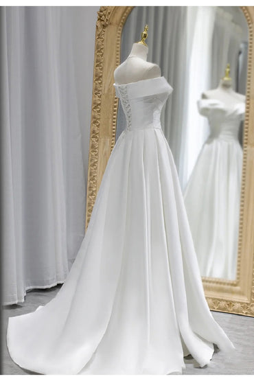 A-Line Sweep-Brush Train Satin Wedding Dress 657200409206