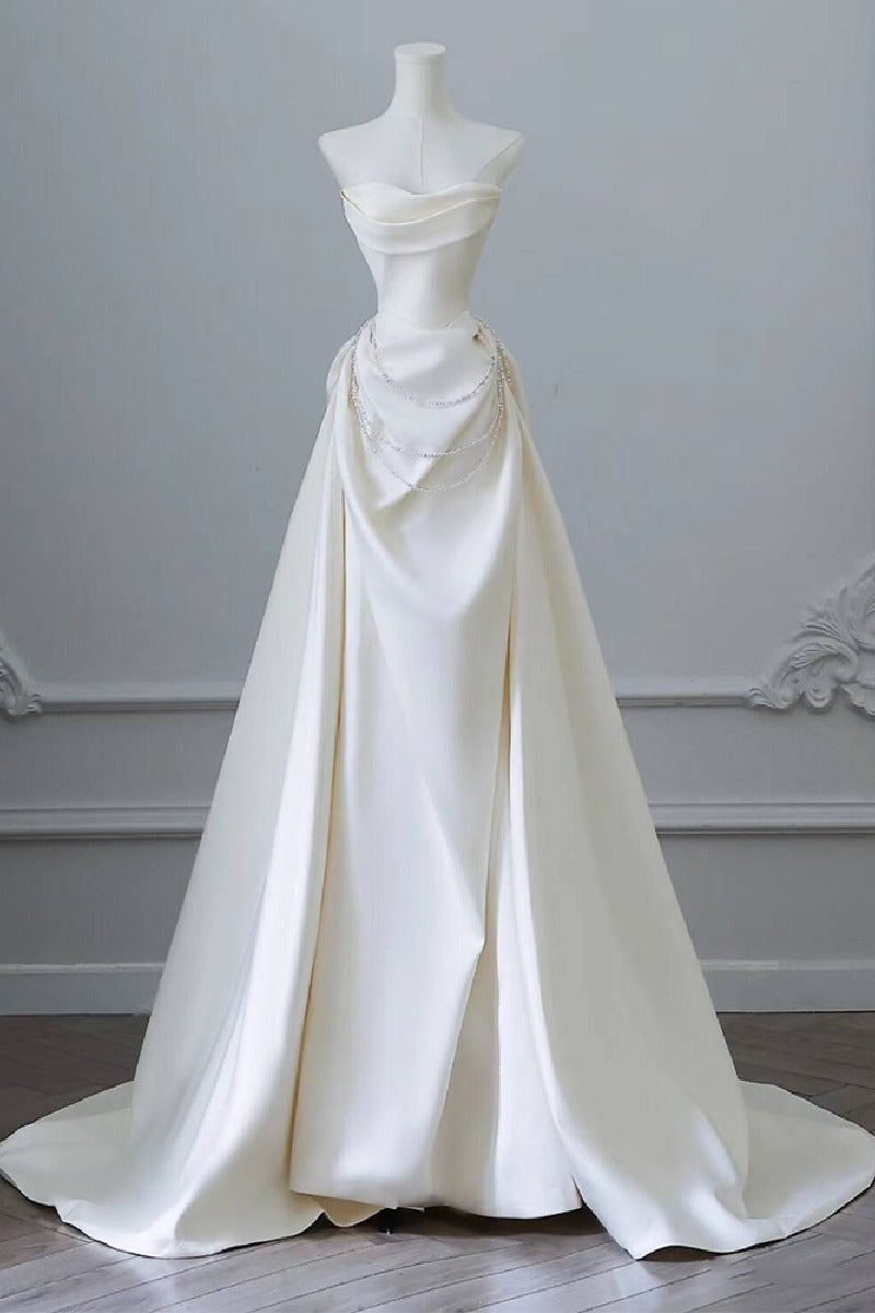 A-Line Sweep-Brush Train Satin Wedding Dress 827070473269