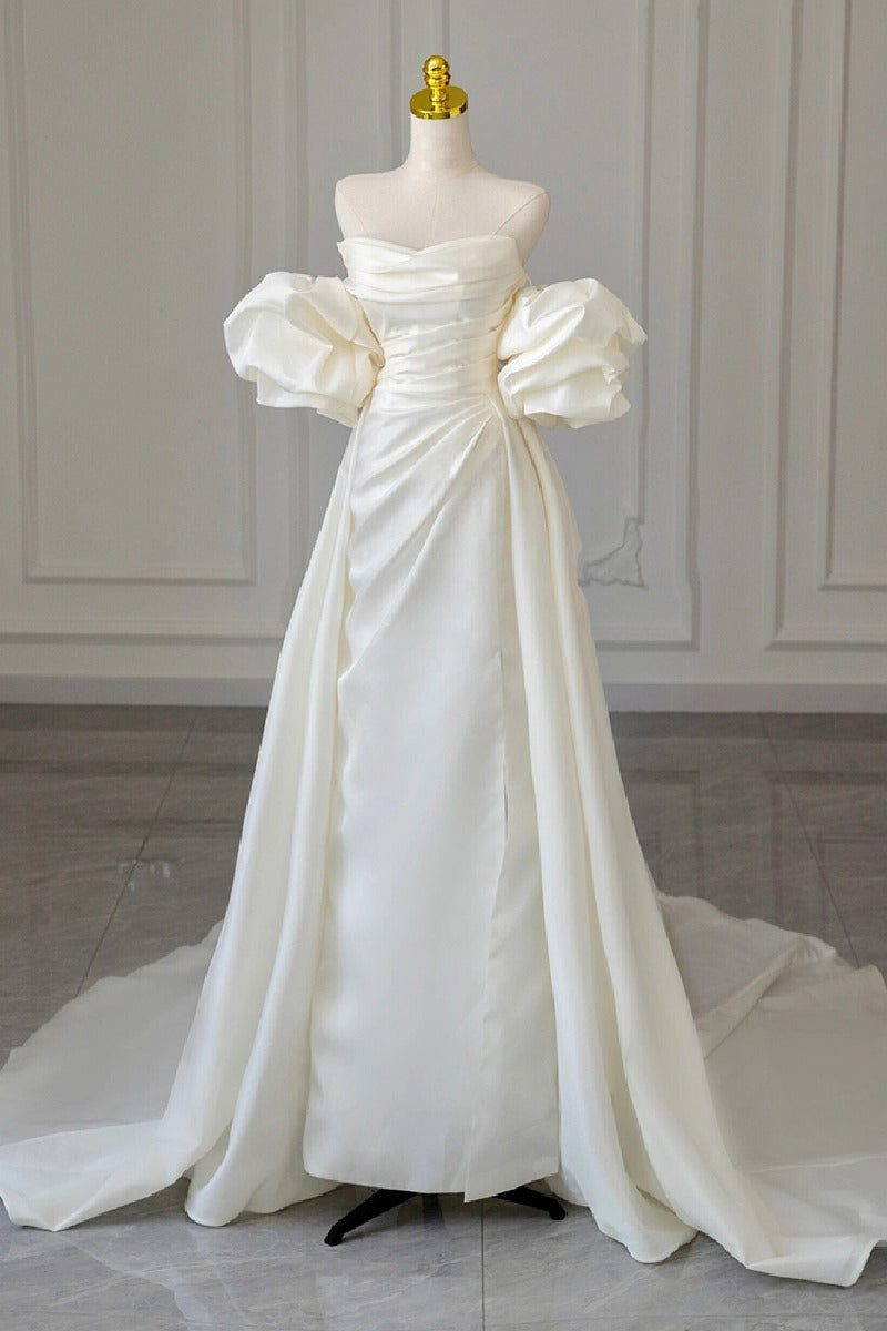 A-Line Court Train Satin Wedding Dress 768070969187