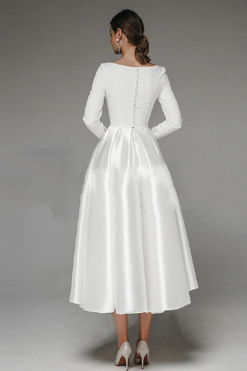 A-Line Tea Length Satin Wedding Dress 745249926431