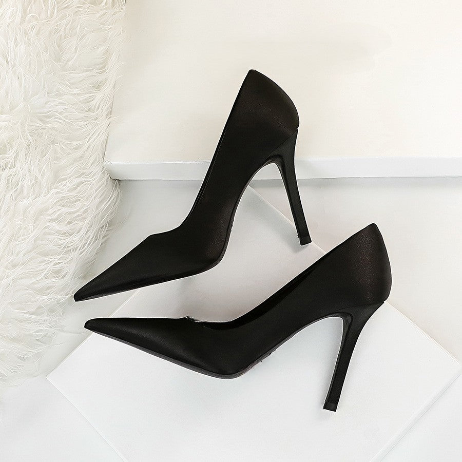 Stylish and simple super high heels slim heels shallow mouth pointed sexy slim satin dress shoes 664584349468