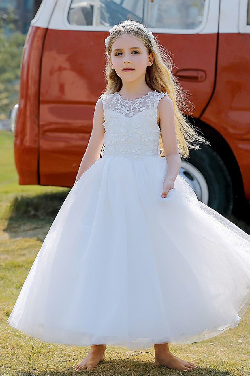 A-Line/Princess Illusion Neck Knee-Length Lace Tulle Flower Girl Dress 744728958346