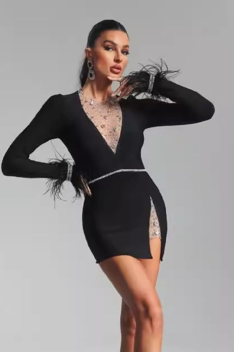 Feathered long sleeve little black dress bandage dress 799166656038