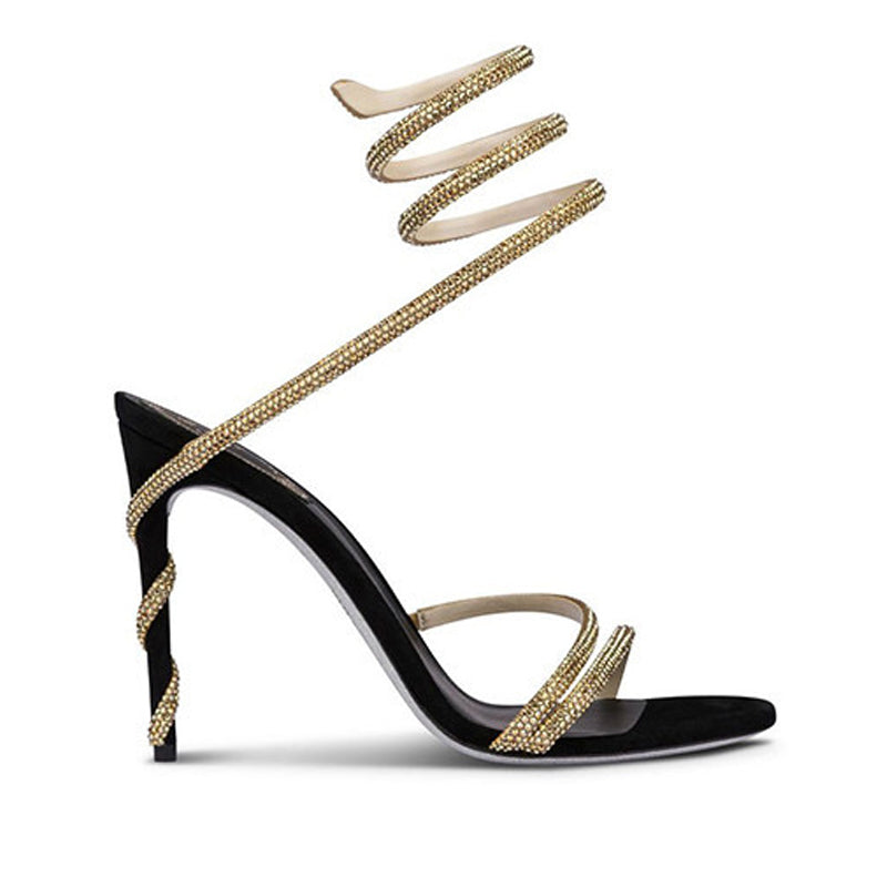 Peep-toe rhinobenzene snakelike winding hollow one-line sandals sexy gold stiletto heels shoes 793993757024