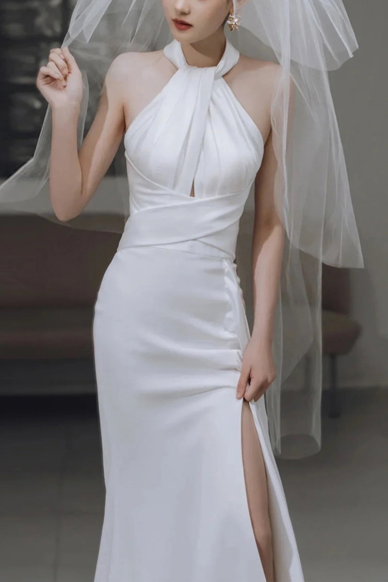 Sheath-Column Sweep-Brush Train Satin Wedding Dress 681178927183