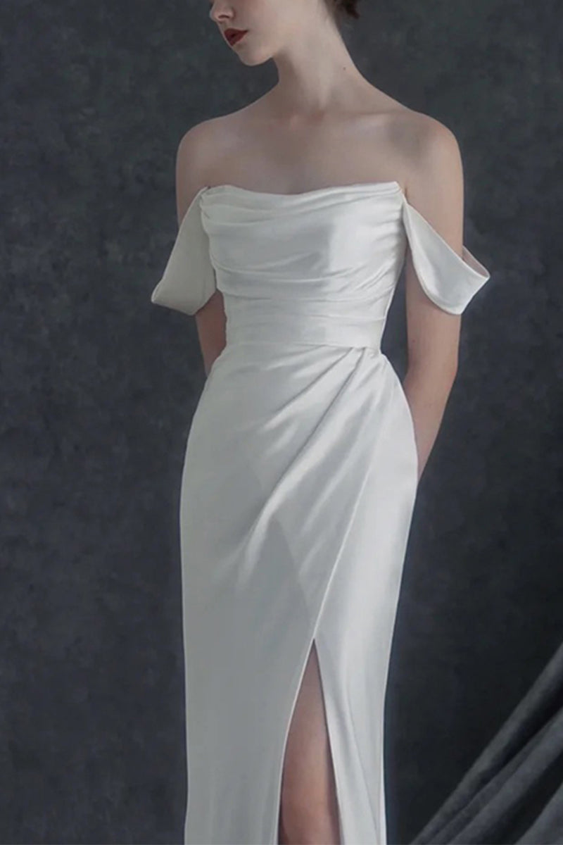 Sheath-Column Sweep-Brush Train Satin Wedding Dress 683314691959