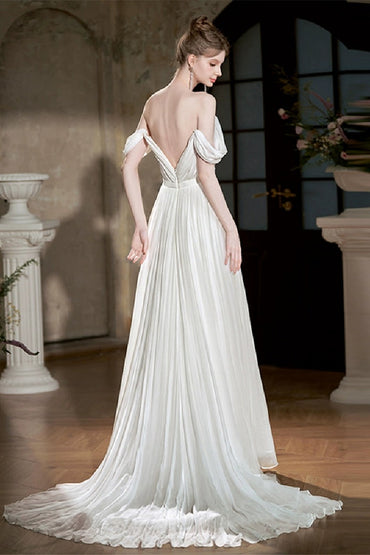 A-Line Sweep-Brush Train Chiffon Wedding Dress 811880629978