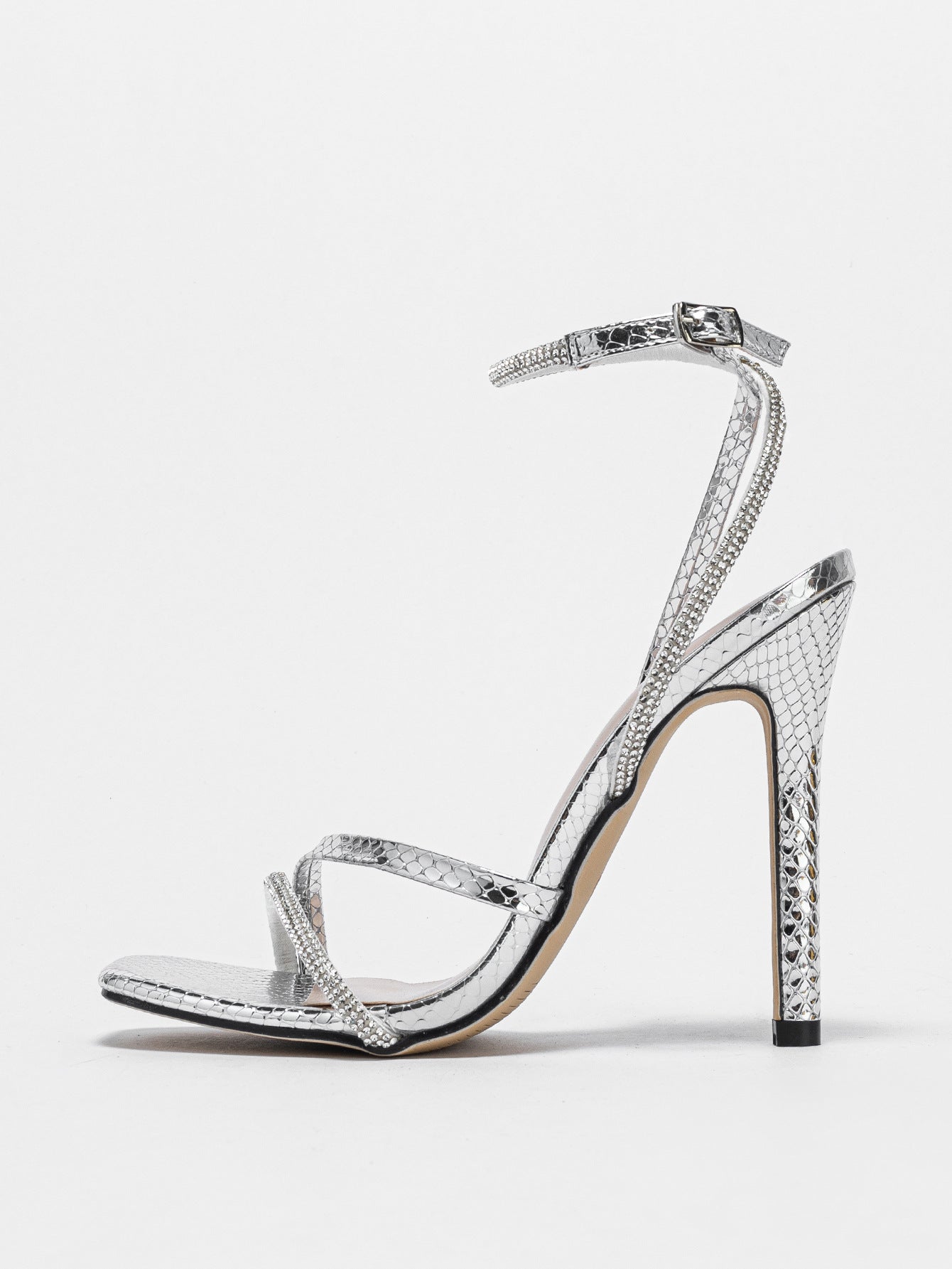 Open-toe line with square head rhinestone strappy sandals Sparkly silver high-heeled dress shoes 776233587688