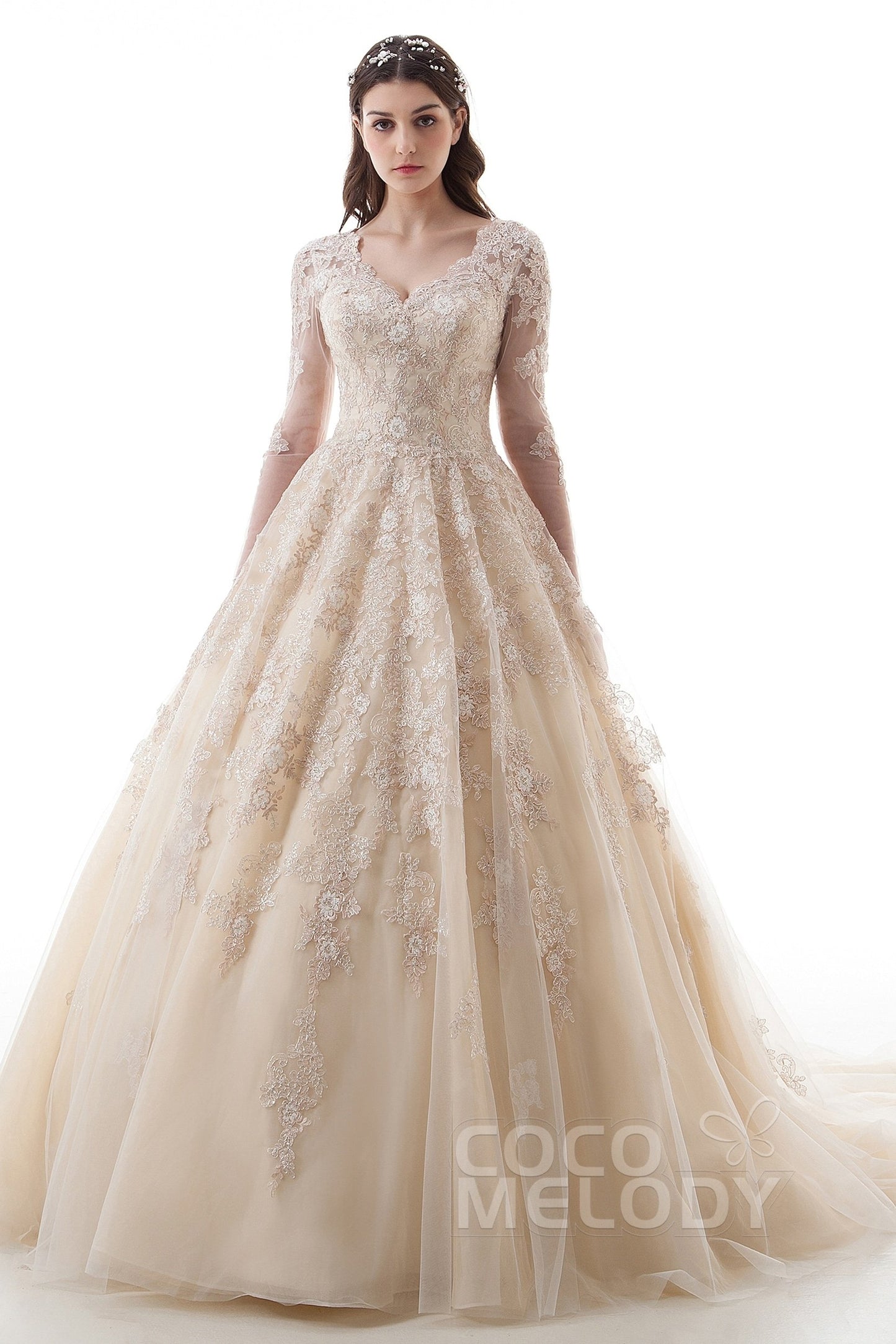 COCOMELODY Princess Court Train Lace Tulle Gothic Wedding Dress LD4622 