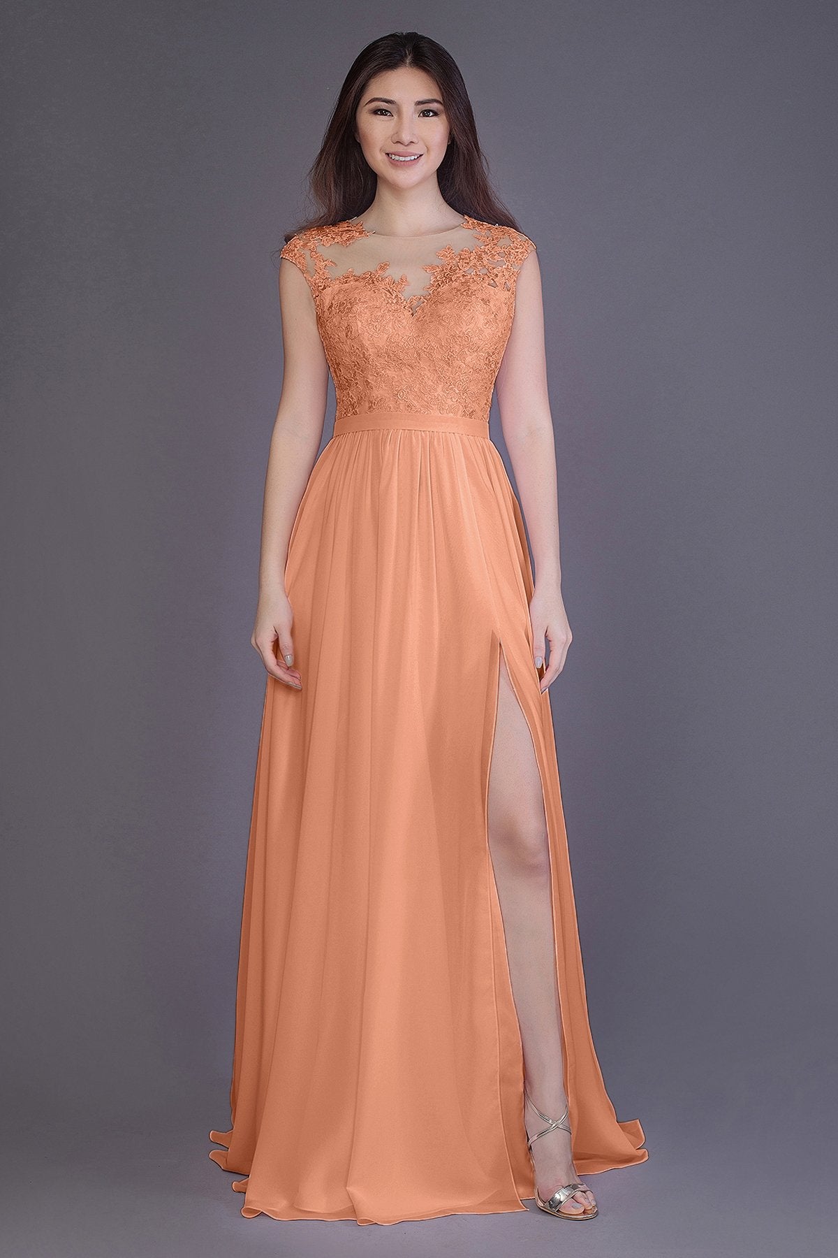 COCOMELODY Sheath Floor Length Chiffon and Lace Bridesmaid Dress PR3554 