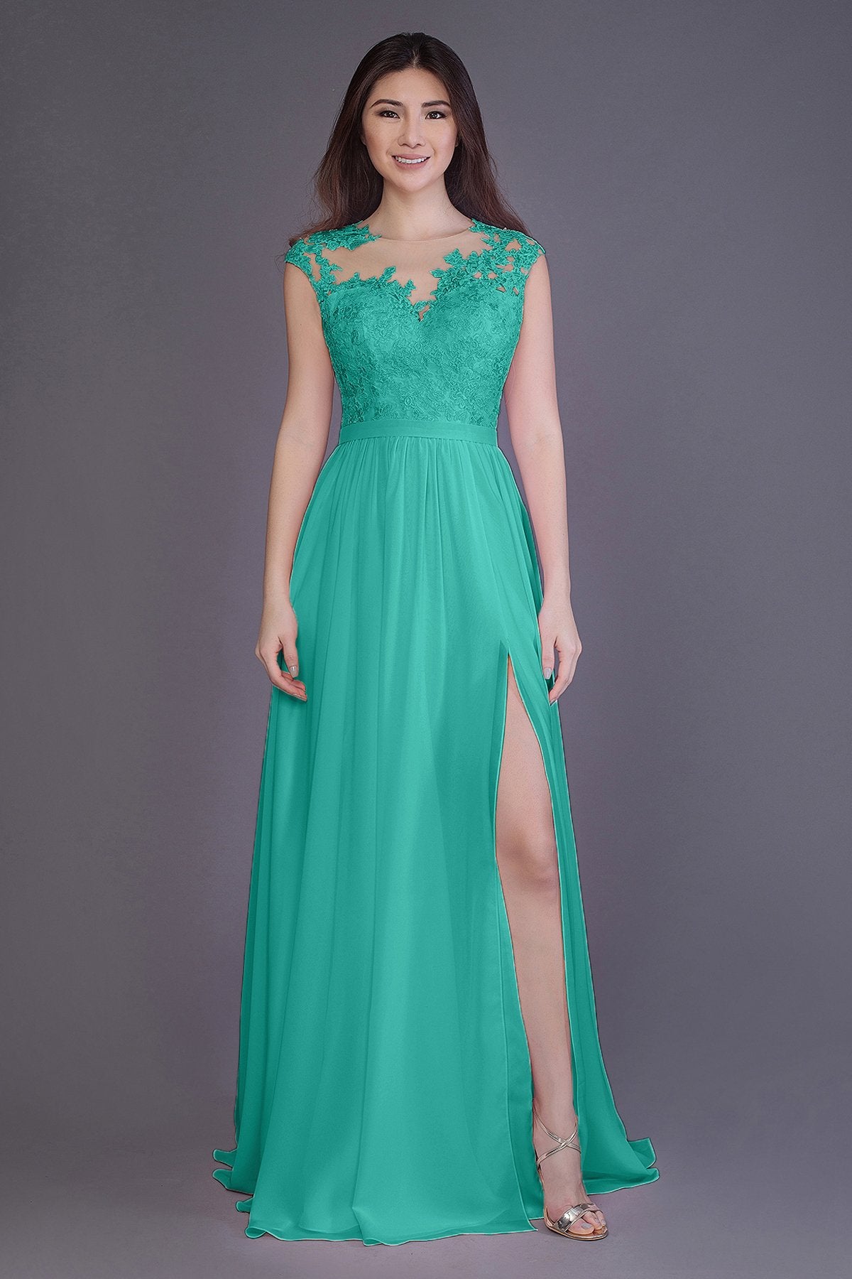 COCOMELODY Sheath Floor Length Chiffon and Lace Bridesmaid Dress PR3554 