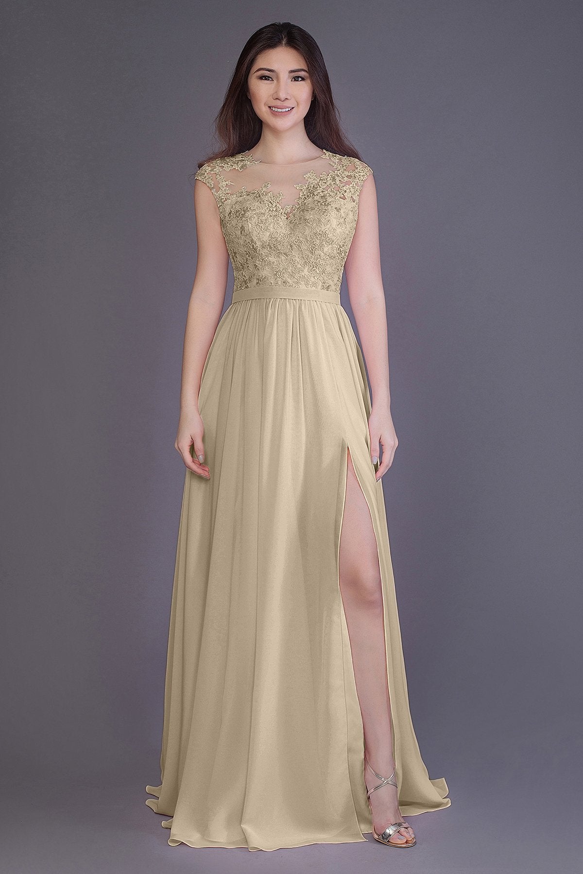 COCOMELODY Sheath Floor Length Chiffon and Lace Bridesmaid Dress PR3554 