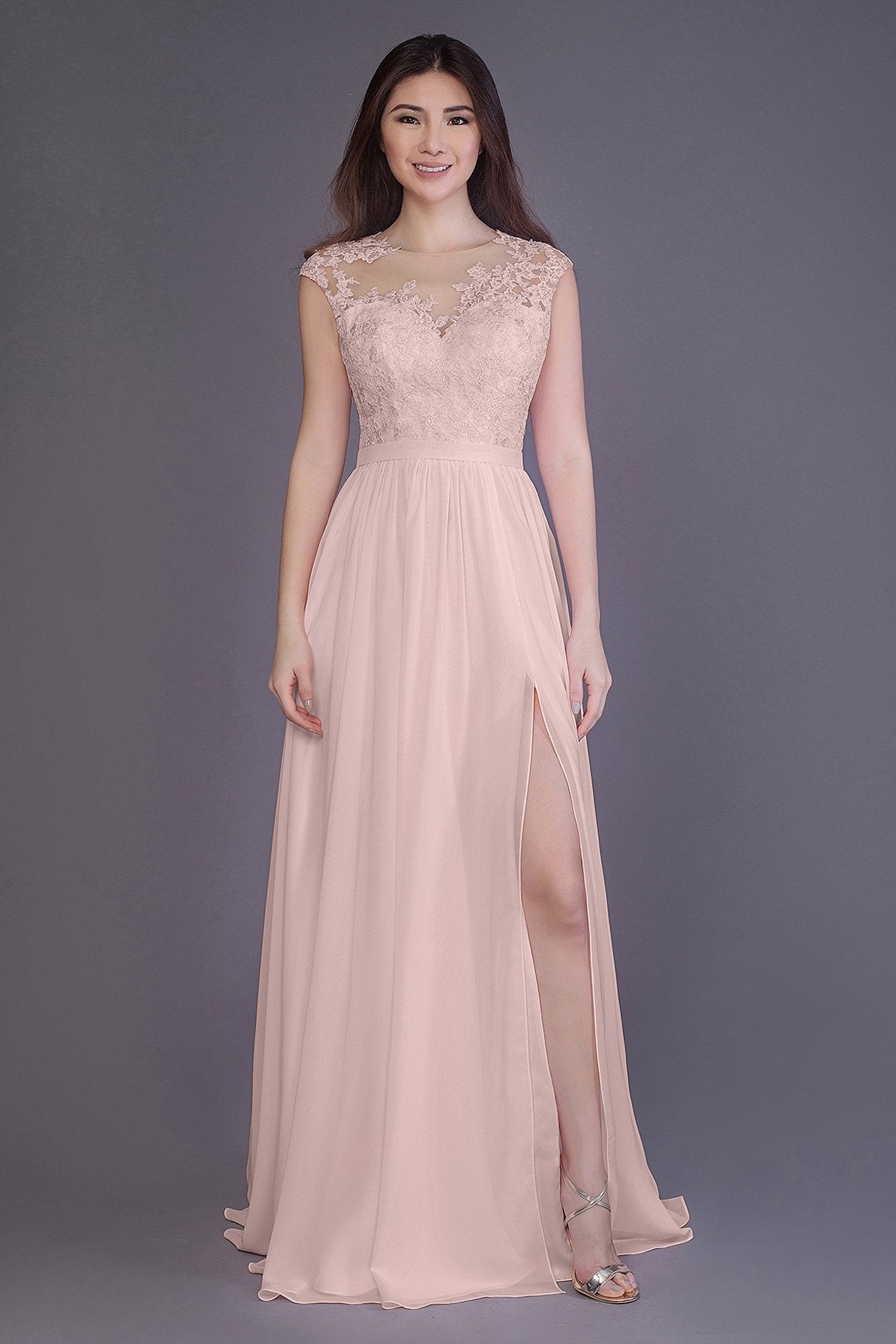 COCOMELODY Sheath Floor Length Chiffon and Lace Bridesmaid Dress PR3554 