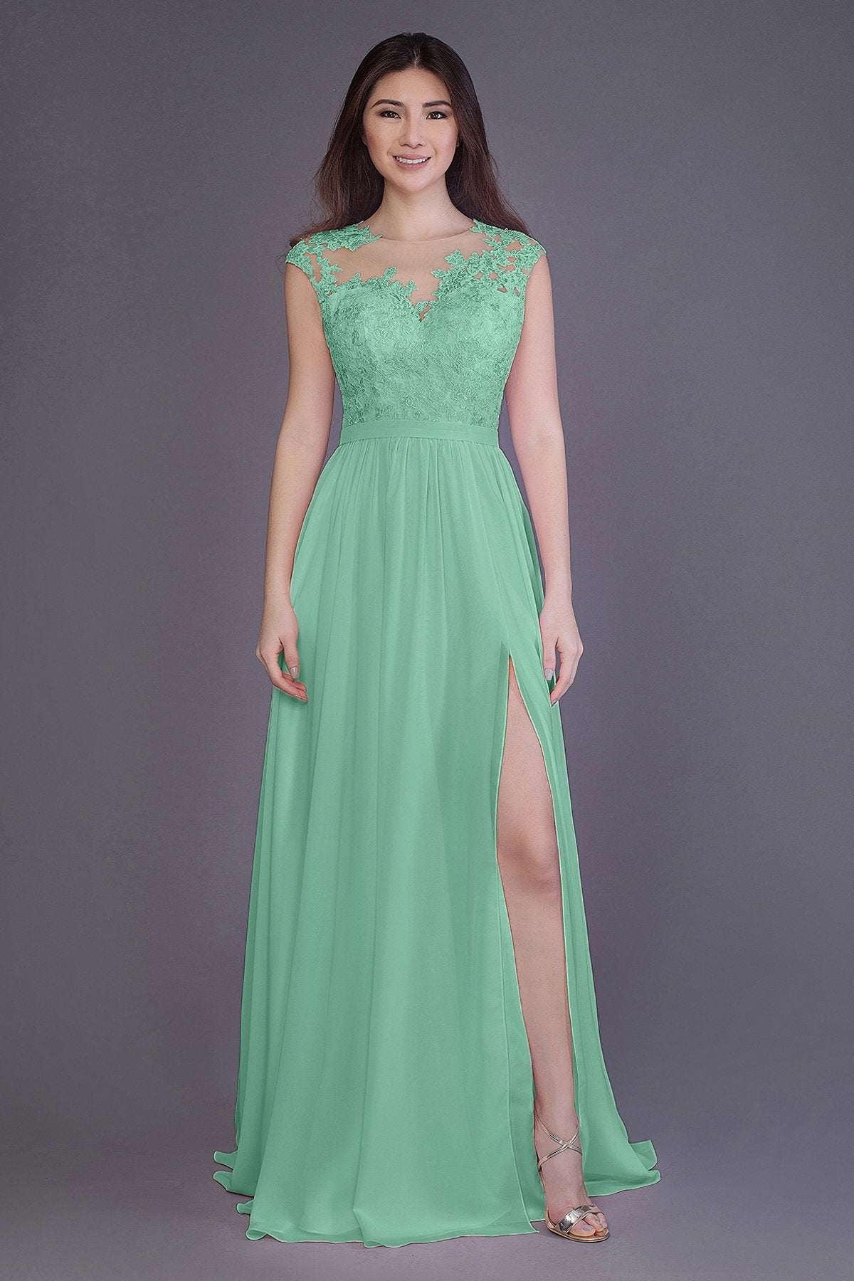 COCOMELODY Sheath Floor Length Chiffon and Lace Bridesmaid Dress PR3554 