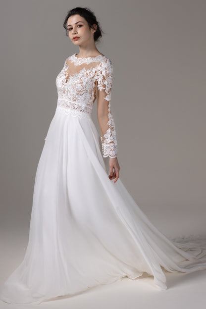 A-Line Chapel Train Lace Chiffon Wedding Dress CW2830